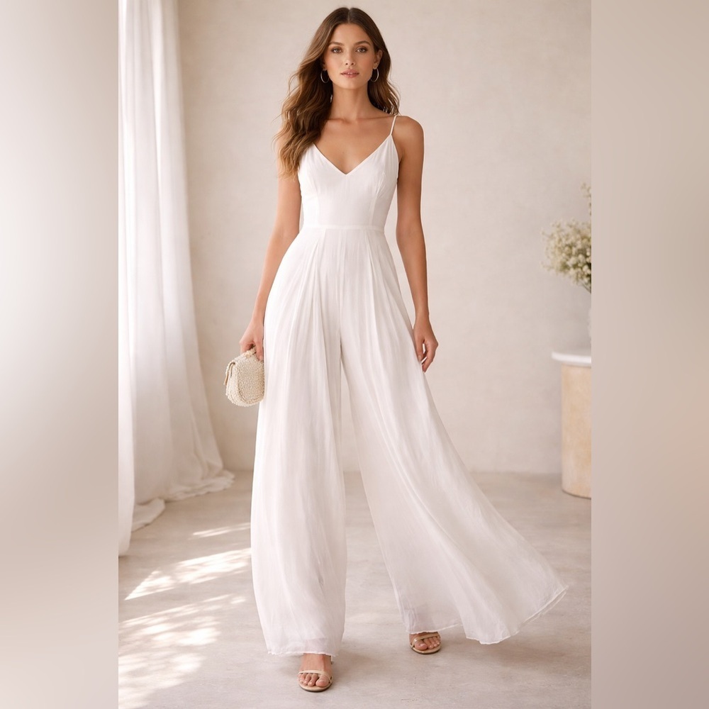 Rebecca Schoneveld White V-Neck Wide-Leg Spaghetti Strap Jumpsuit